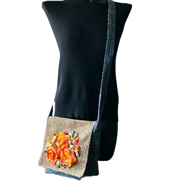 Handcrafted Blue Tapestry Fabric Crossbody Bag with Silk Flower Accents - Picture 6 of 7